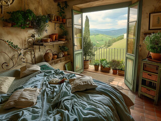 Gemütliches rustikales Schlafzimmer mit Blick auf die Toskana, eine offene Tür zum Balkon mit Blick auf wunderschöne grüne Hügel, neutrale Farben und viele Topfpflanzen