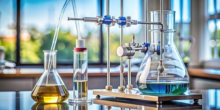 A close-up image of an acid-base titration setup, showing a burette, flask, and indicator, chemistry, laboratory