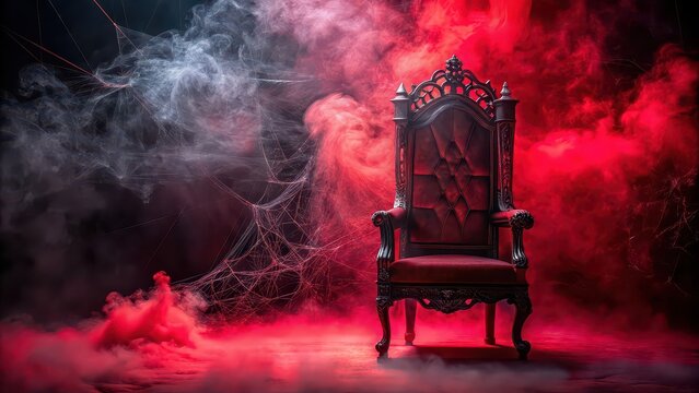 Dark gothic throne surrounded by red smoke and cobwebs, gothic, throne, dark, red, smoke, cobwebs, eerie, spooky, haunted