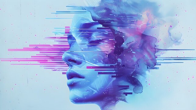 Abstract portrait of a woman with digital glitch effect, representing technology, innovation, and the future.