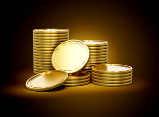 Stack Of Golden Shiny Rounded Coins Isolated On Shiny Golden Glow Background 3d Illustration