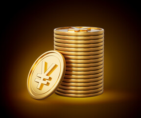 Stack Of Golden Shiny Japanese Yen Rounded Coins On Shiny Golden Glow Background 3d Illustration