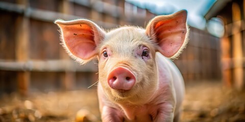 Close up of a cute pig with pink skin and a curly tail in a farm setting, pig, farm animal, domestic, livestock, agriculture