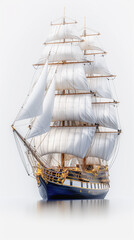 Elegant Model Ship with White Sails and Blue Hull on Transparent Background

