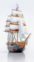 Elegant Model Ship with White Sails and Blue Hull on Transparent Background

