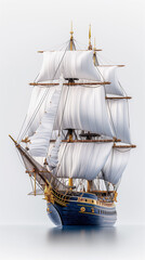 Elegant Model Ship with White Sails and Blue Hull on Transparent Background

