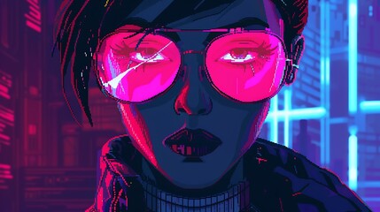 Obraz premium Cyberpunk Woman with Pink Sunglasses Stares Intensely in Neon City