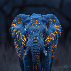 Obraz premium Blue Elephant with Orange Spots on Dark Background