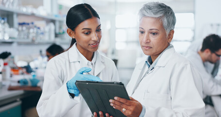 Tablet, women and scientists in laboratory with research for pharmaceutical innovation experiment....