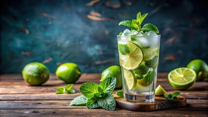 Fototapeta premium A refreshing mojito cocktail served with fresh mint and lime, cocktail, mojito, drink, alcohol, refreshing, bartender, mixology, bar