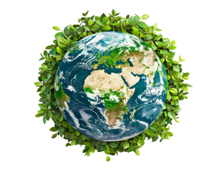 Earth globe covered in green leaves symbolizing environmental isolated on white background - Powered by Adobe