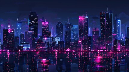 Obraz premium Neon City Skyline Illuminates Night with Vibrant Lights Reflected in Water