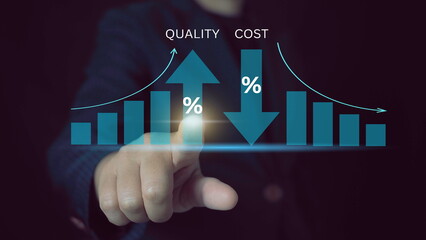 Cost and quality control concept. Person touch virtual cost and quality icons to Improve work...