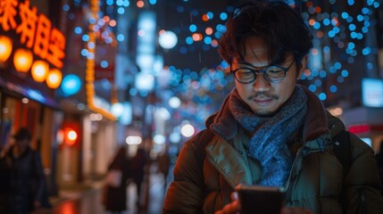 Obraz premium Portrait of a man with a mobile phone in the city at night