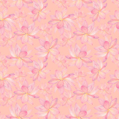 Fototapeta premium Lotus flowers are pink. Seamless pattern on a peach background. Hand drawn watercolor illustration. For design, fabrics, textiles, wallpaper, prints, wrapping paper