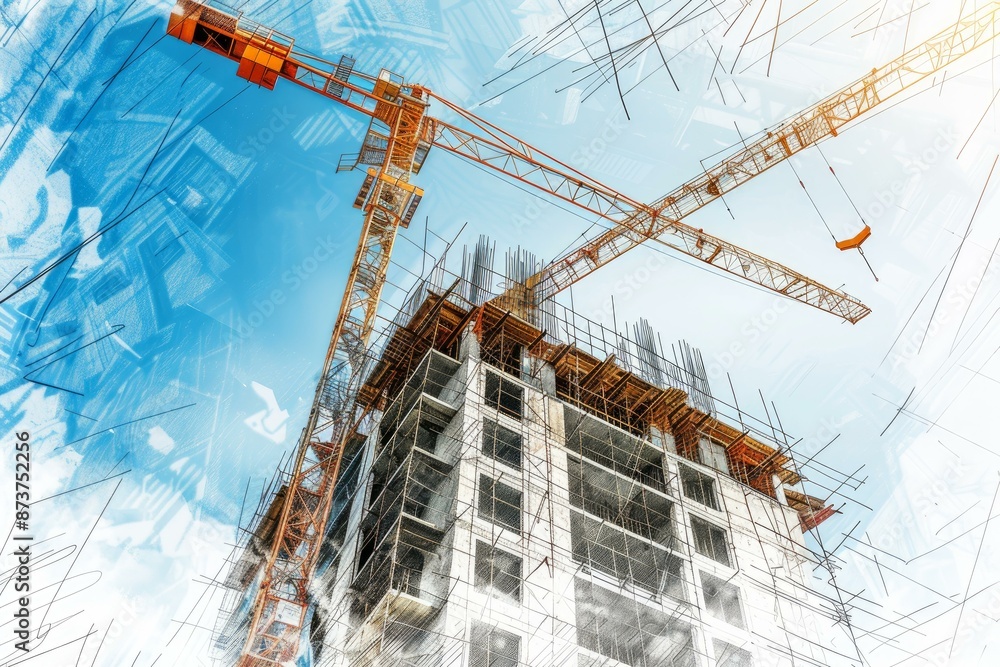 Poster artistic rendering of a bustling construction site with towering cranes and the skeletal framework o