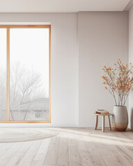 Empty property room in warm and neutral colors with a large window providing natural lighting and minimalist furniture. Real Estate conceptual composition with copy space.