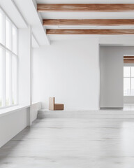 Fototapeta premium Empty property room in warm and neutral colors with a large window providing natural lighting and minimalist furniture. Real Estate conceptual composition with copy space.
