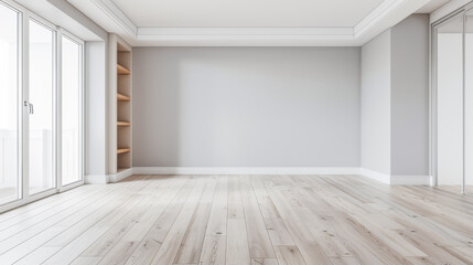Fototapeta premium Empty property room in warm and neutral colors with a large window providing natural lighting and minimalist furniture. Real Estate conceptual composition with copy space.