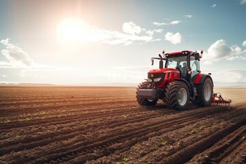 A modern tractor equipped with GPS and autonomous driving technology plows a vast field, working under a sunny sky