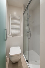 Modern minimalist bathroom with white fixtures, frosted glass door, and clean design