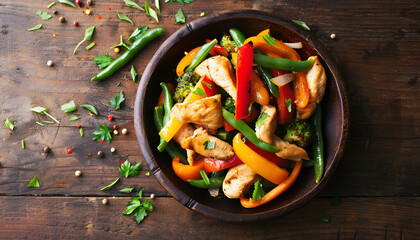 Ideas for making stir-fried chicken with vegetables served in a restaurant, business, meal, cuisine, food, lunch, dinner, chicken, vegetables, bell peppers, beans, herbs, pepper, and AI-generated.