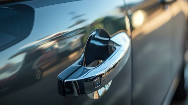 Close-up photo of car door Glossy surface of the handle and body The sleek door design reflects the car's modern aesthetics. Emphasizing the theme of accessibility and convenience