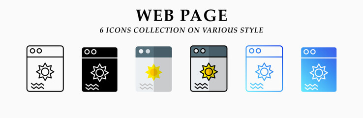 Web page icons collection. 6 Various styles. Lineal, solid Black, flat, lineal color and gradient. For sign, symbol, presentation, infographic or web graphics. Vector Illustration.