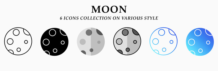 Moon icons collection. 6 Various styles. Lineal, solid Black, flat, lineal color and gradient. For sign, symbol, presentation, infographic or web graphics. Vector Illustration.