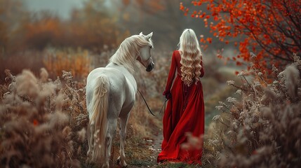 Fototapeta premium fantasy woman with white horse girl, Beauty lady red rear view.