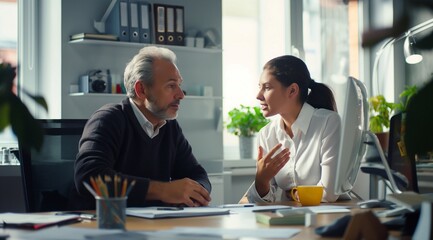 Professional mature business man and young woman leader, two colleagues talking working on computer at work desk.