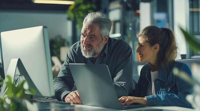 Professional mature business man and young woman leader, two colleagues talking working on computer at work desk. - Powered by Adobe