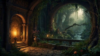 A fantasy scene where a tapestry reveals hidden passages to another realm  ai_generated