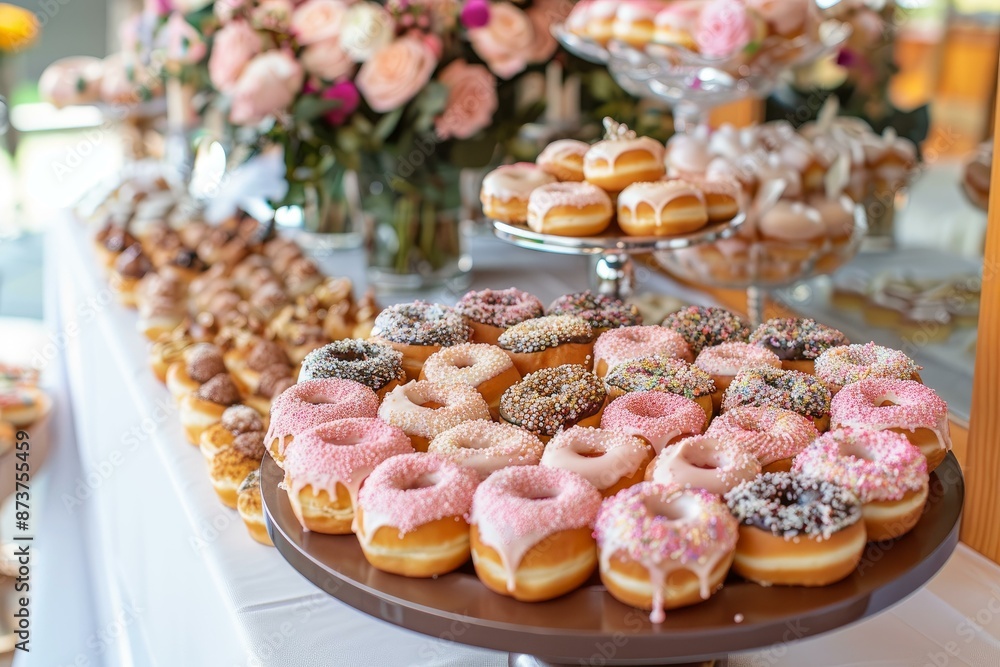 Poster closeup of a colorful display of various frosted donuts on a dessert buffet