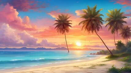 A gorgeous tropical sunset beneath vivid skies and palm palms on a sandy beach makes for the perfect relaxing getaway.