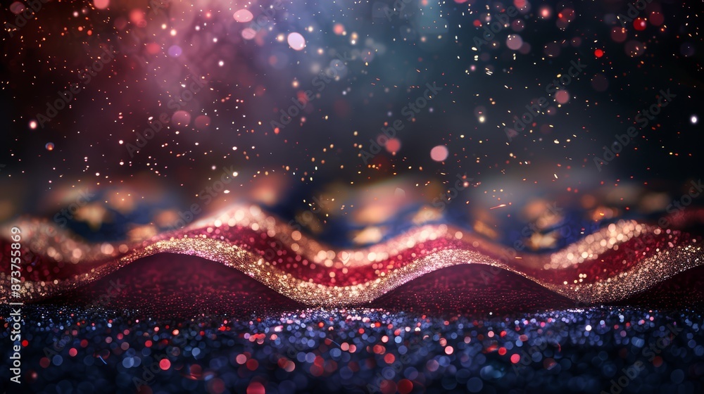 Poster abstract festive background with sparkling red and blue glitter and bokeh lights. perfect for holida