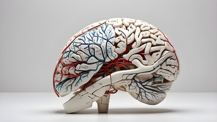 White background with anatomical model of the human brain that highlights the intricate features and