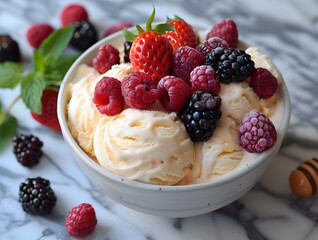 Ice cream topped with appealing berries.