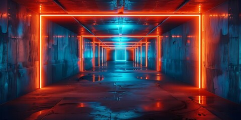 Futuristic studio stage dark room. Underground warehouse garage. Neon led laser glowing orange on concrete tiled floor