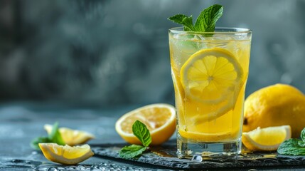 Fototapeta premium Refreshing Lemonade: A close-up shot of a tall glass of ice-cold lemonade with fresh lemon slices and mint leaves, condensation forming on the outside of the glass.