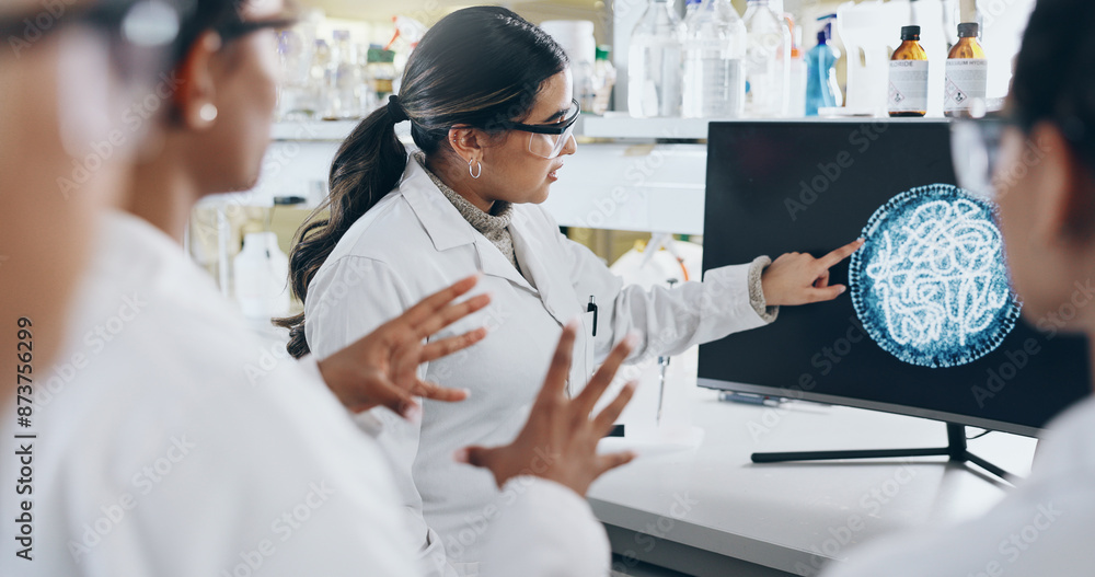 Aufkleber computer screen, science and virus with lab team at work together for breakthrough or discovery. inv