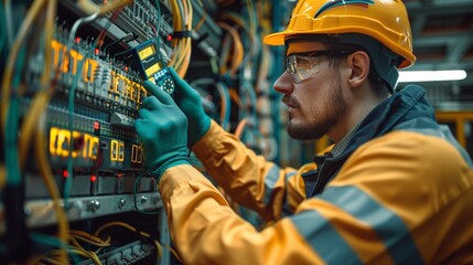 An electrician in a yellow jumpsuit and hardhat works on a complex electrical panel.