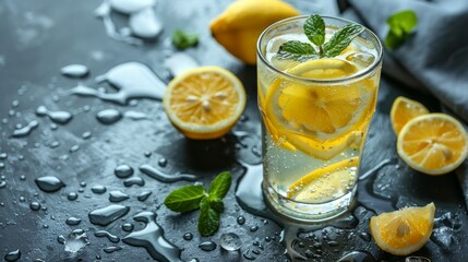 Fototapeta premium Refreshing Lemonade: A close-up shot of a tall glass of ice-cold lemonade with fresh lemon slices and mint leaves, condensation forming on the outside of the glass.