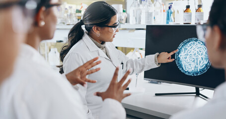 Computer screen, science and virus with lab team at work together for breakthrough or discovery....