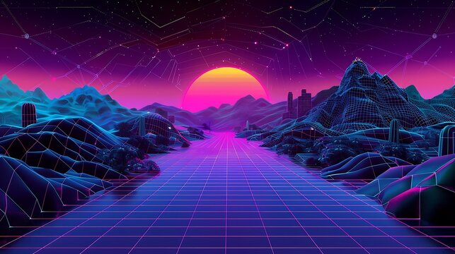 Neon Grid Road Leads to Cityscape Under Retro Sunset