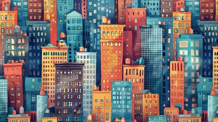 Obraz premium A vibrant cityscape with colorful buildings reaching towards the sky, creating a dynamic and lively scene.