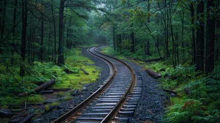 Fototapeta premium A winding railway track disappears into a lush, green forest. The air is misty, creating a sense of mystery and solitude.