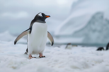 Obraz premium King Penguin in polar regions Sharp image of an Adélie Penguin standing confidently against a soft focus background of snow and ice.