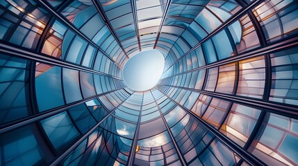Low angle view of futuristic architecture, Skyscraper of office building with curve glass window. 