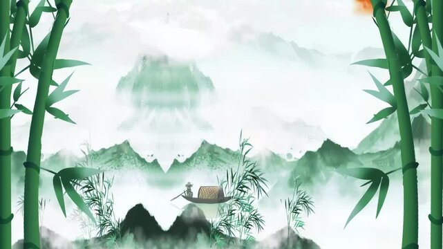 Fantasy bright ambience landscape Chinese style green bamboo ink of beautiful morning sky, mountains, flowers, lake, ancient house with simple animation in Japanese anime watercolour style.